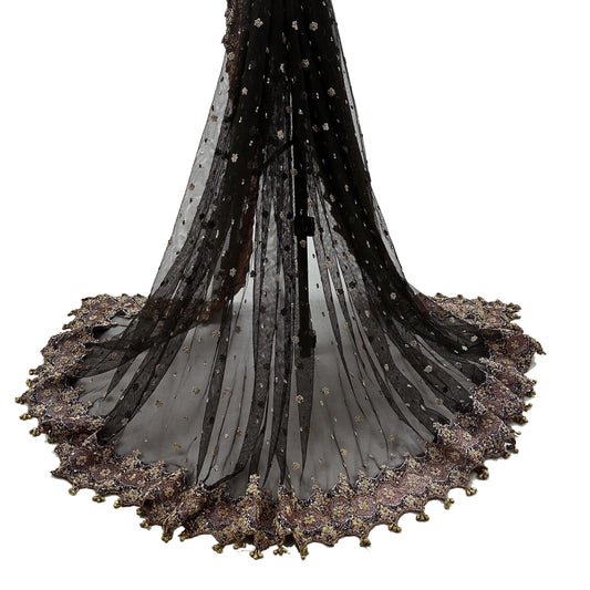 Indian Vintage Heavy Coffee Brown Dupatta Net Mesh Long Stole Hand Embroidered Scarves Golden Zardozi Dabka Zari Sequins