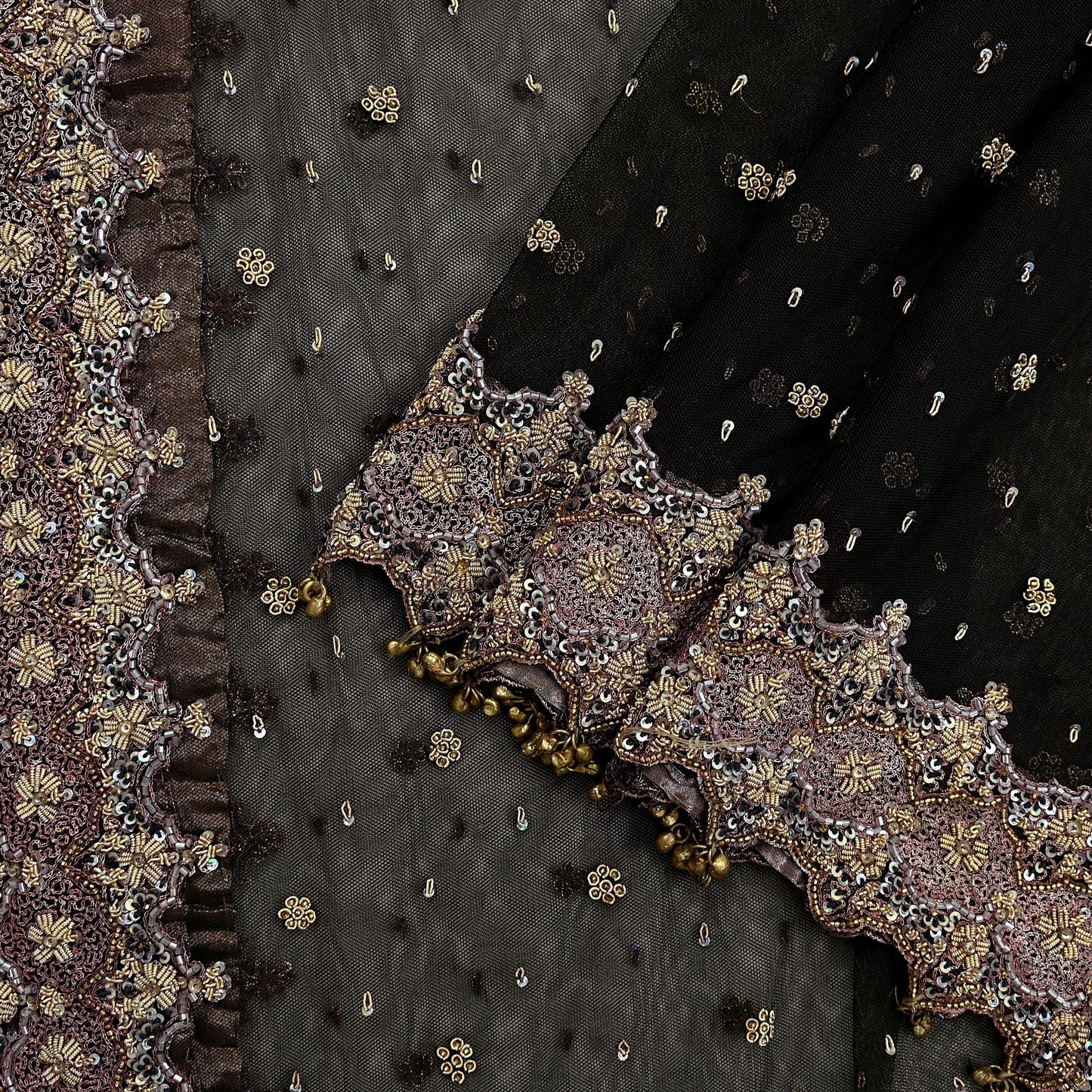 Indian Vintage Heavy Coffee Brown Dupatta Net Mesh Long Stole Hand Embroidered Scarves Golden Zardozi Dabka Zari Sequins