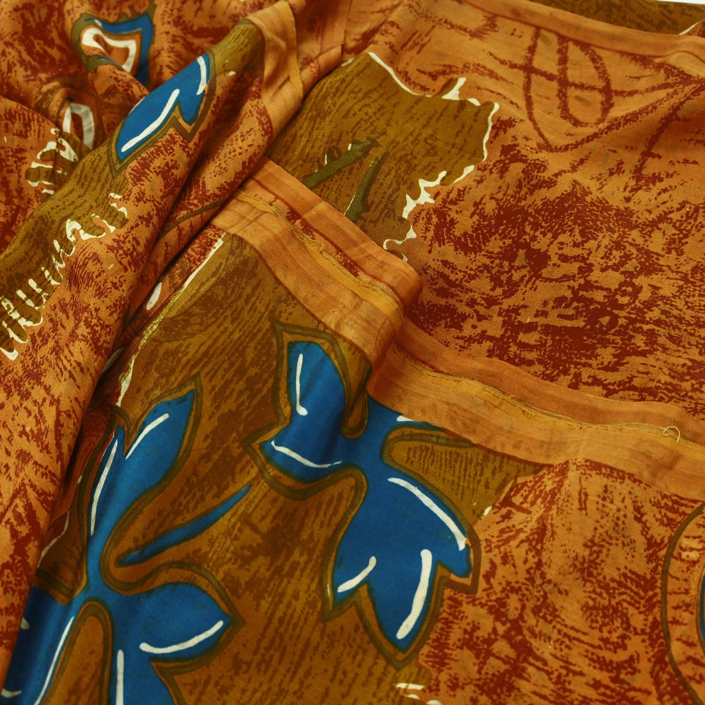 Indian Vintage Sari Orange & Saffron Pure Crepe Silk Printed Sarees 5yd Sewing Floral Soft Craft Fabric Wrap Dress Making Crafting Quilting