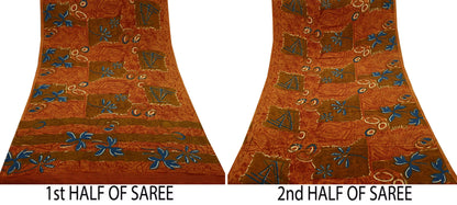 Indian Vintage Sari Orange & Saffron Pure Crepe Silk Printed Sarees 5yd Sewing Floral Soft Craft Fabric Wrap Dress Making Crafting Quilting