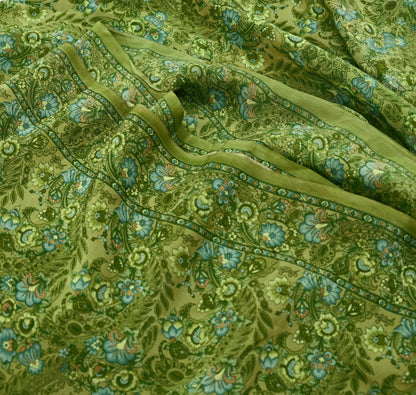 Indian Vintage Sari Green Pure Crepe Silk Printed Saree 5yd Sewing Floral Soft Craft Fabric Wrap Dress making Crafting