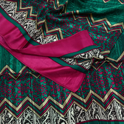 Indian Vintage Sari Green & Pink Pure Georgette Silk Printed Saree Craft Fabric Sewing 6Yd Soft Light Dress Making Floral