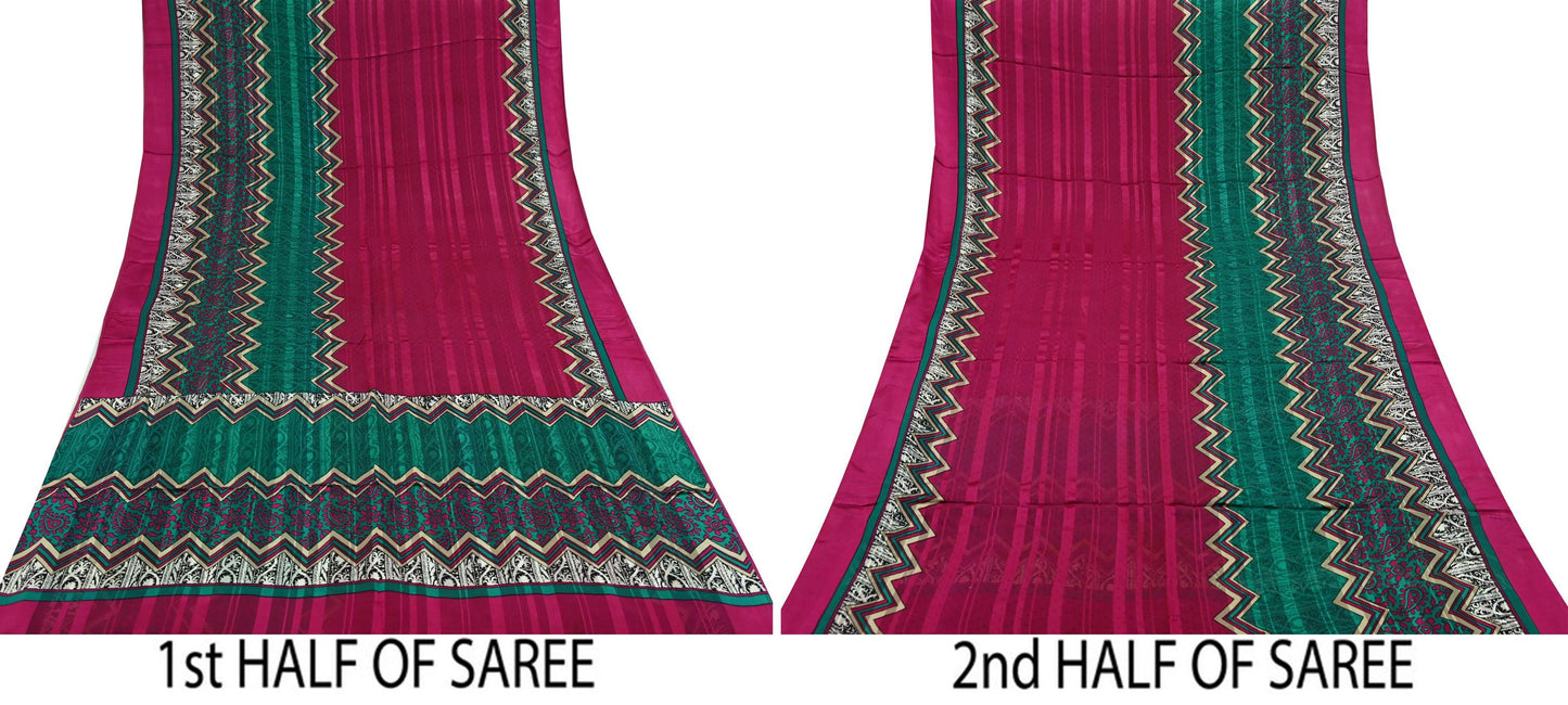 Indian Vintage Sari Green & Pink Pure Georgette Silk Printed Saree Craft Fabric Sewing 6Yd Soft Light Dress Making Floral