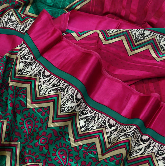 Indian Vintage Sari Green & Pink Pure Georgette Silk Printed Saree Craft Fabric Sewing 6Yd Soft Light Dress Making Floral