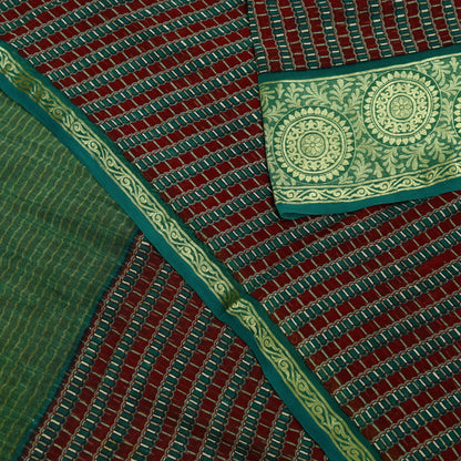 Indian Vintage Sari Green & Maroon Pure Georgette Silk Printed Sarees Craft Fabric Sewing 5Yd Soft Dress Making Crafting Quilting Zari