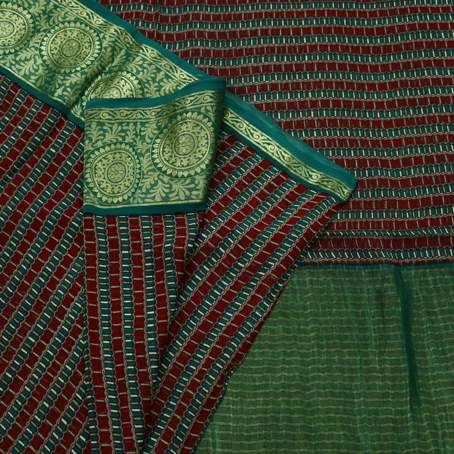 Indian Vintage Sari Green & Maroon Pure Georgette Silk Printed Sarees Craft Fabric Sewing 5Yd Soft Dress Making Crafting Quilting Zari