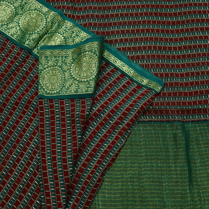 Indian Vintage Sari Green & Maroon Pure Georgette Silk Printed Sarees Craft Fabric Sewing 5Yd Soft Dress Making Crafting Quilting Zari