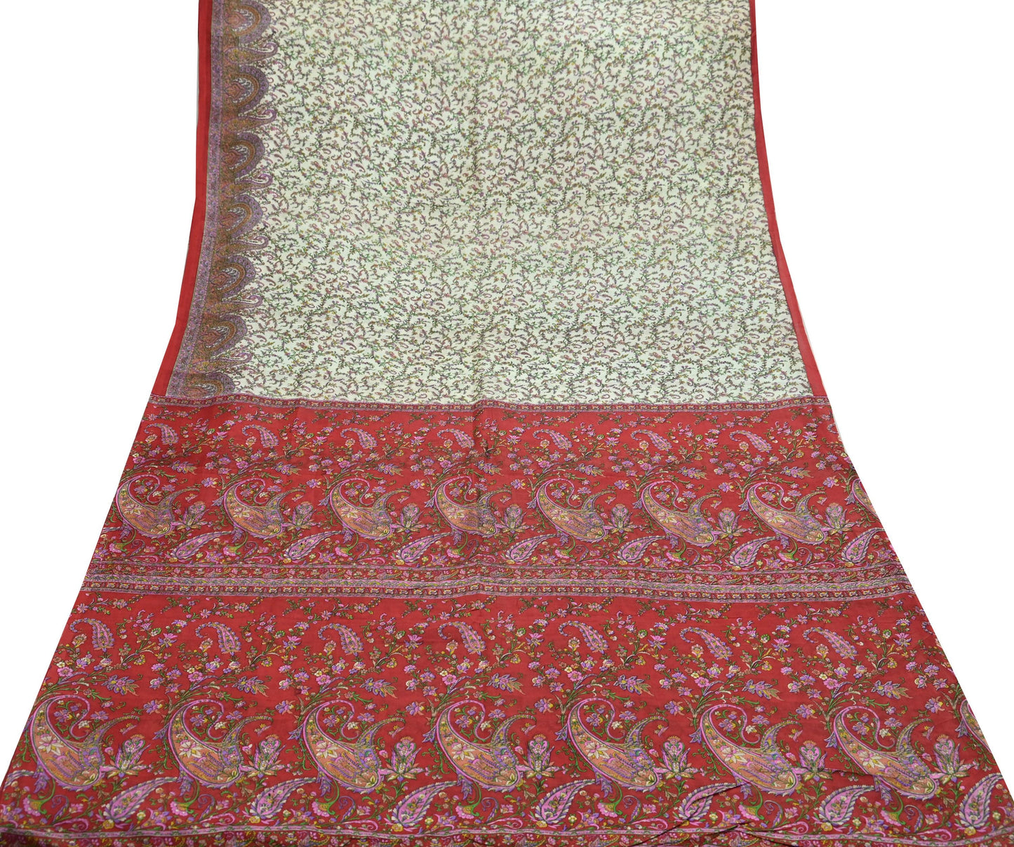 Indian Vintage Ivory & Red Saree Pure Silk Printed Sari 6yd Sewing Craft Fabric DressMaking  Soft Wrap Crafting Quilting Used Paisley