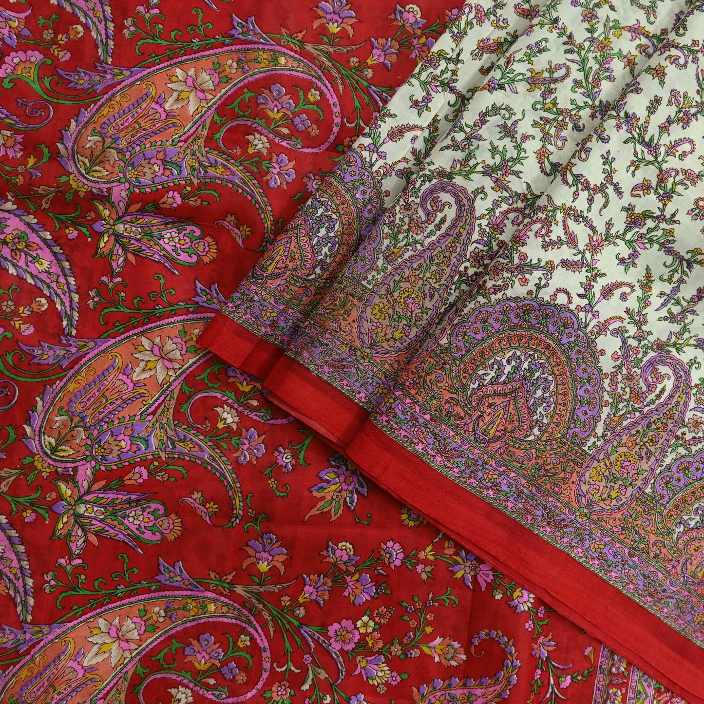 Indian Vintage Ivory & Red Saree Pure Silk Printed Sari 6yd Sewing Craft Fabric DressMaking  Soft Wrap Crafting Quilting Used Paisley