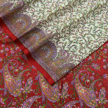 Indian Vintage Ivory & Red Saree Pure Silk Printed Sari 6yd Sewing Craft Fabric DressMaking  Soft Wrap Crafting Quilting Used Paisley