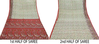 Indian Vintage Ivory & Red Saree Pure Silk Printed Sari 6yd Sewing Craft Fabric DressMaking  Soft Wrap Crafting Quilting Used Paisley