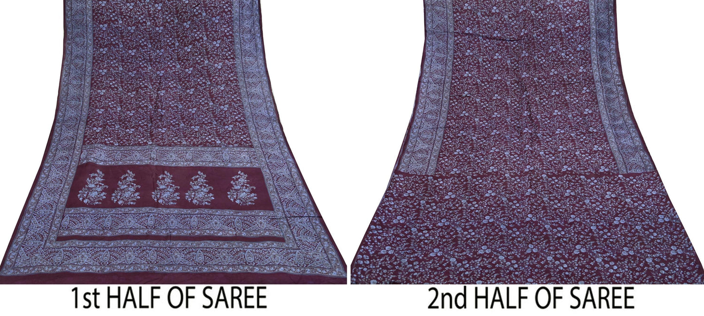Indian Vintage Sari Maroon 100% Pure Silk Printed Sarees 5yd Craft Fabric Sewing Soft Dress Making Floral Quilting Crafting Upcycle Used