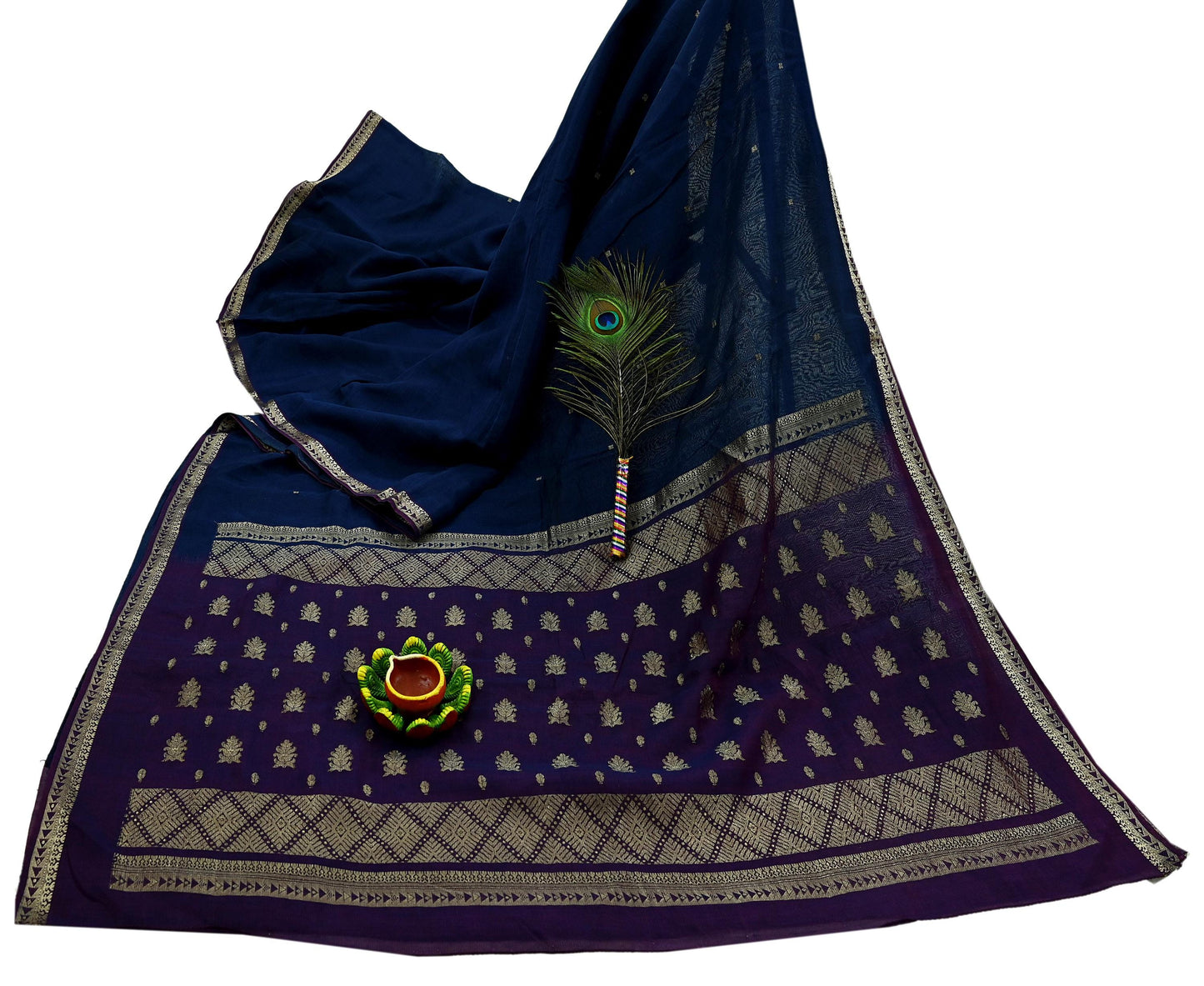 Indian Vintage Sari Blue & Maroon Hand Woven Sarees 100% Pure Silk Craft Fabric Zari 5Yd Floral Dress making Ethnic Crafting