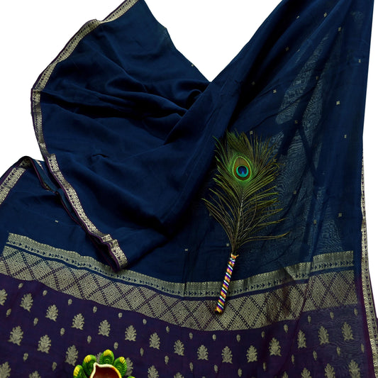 Indian Vintage Sari Blue & Maroon Hand Woven Sarees 100% Pure Silk Craft Fabric Zari 5Yd Floral Dress making Ethnic Crafting