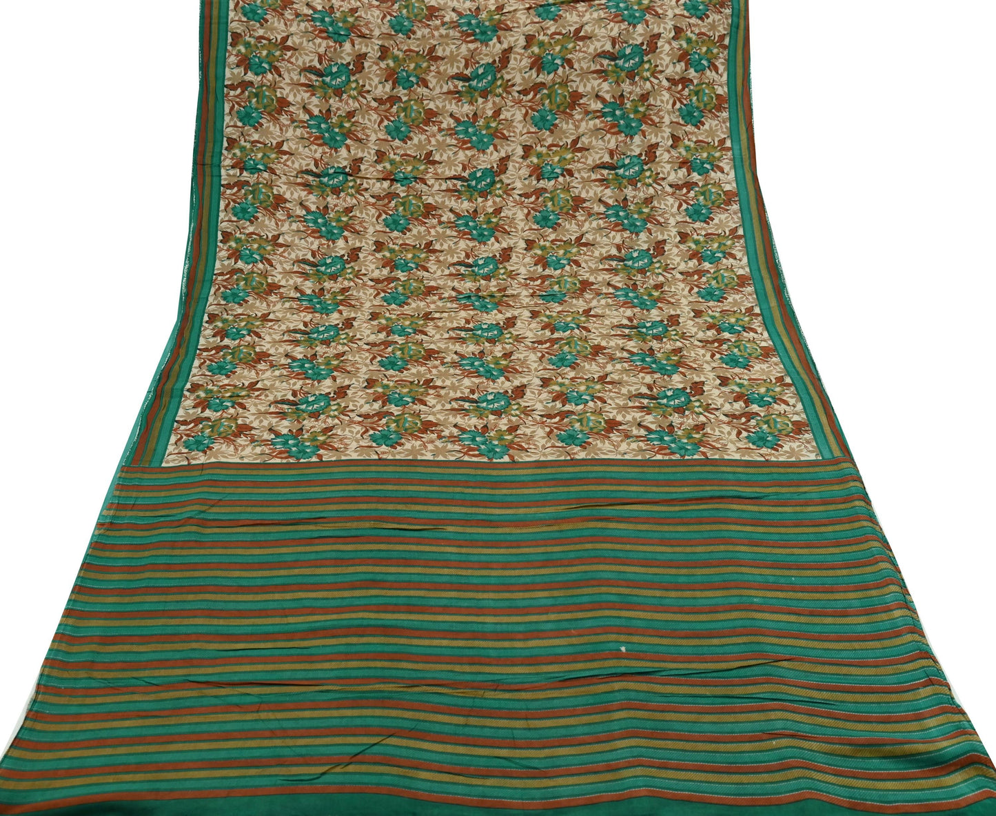Indian Vintage Sari Beige & Green Pure Cotton Printed Sarees Craft Fabric Soft 5Yd Sarong Wrap Boho Fabric Kimono Quilting Crafting Upcycle