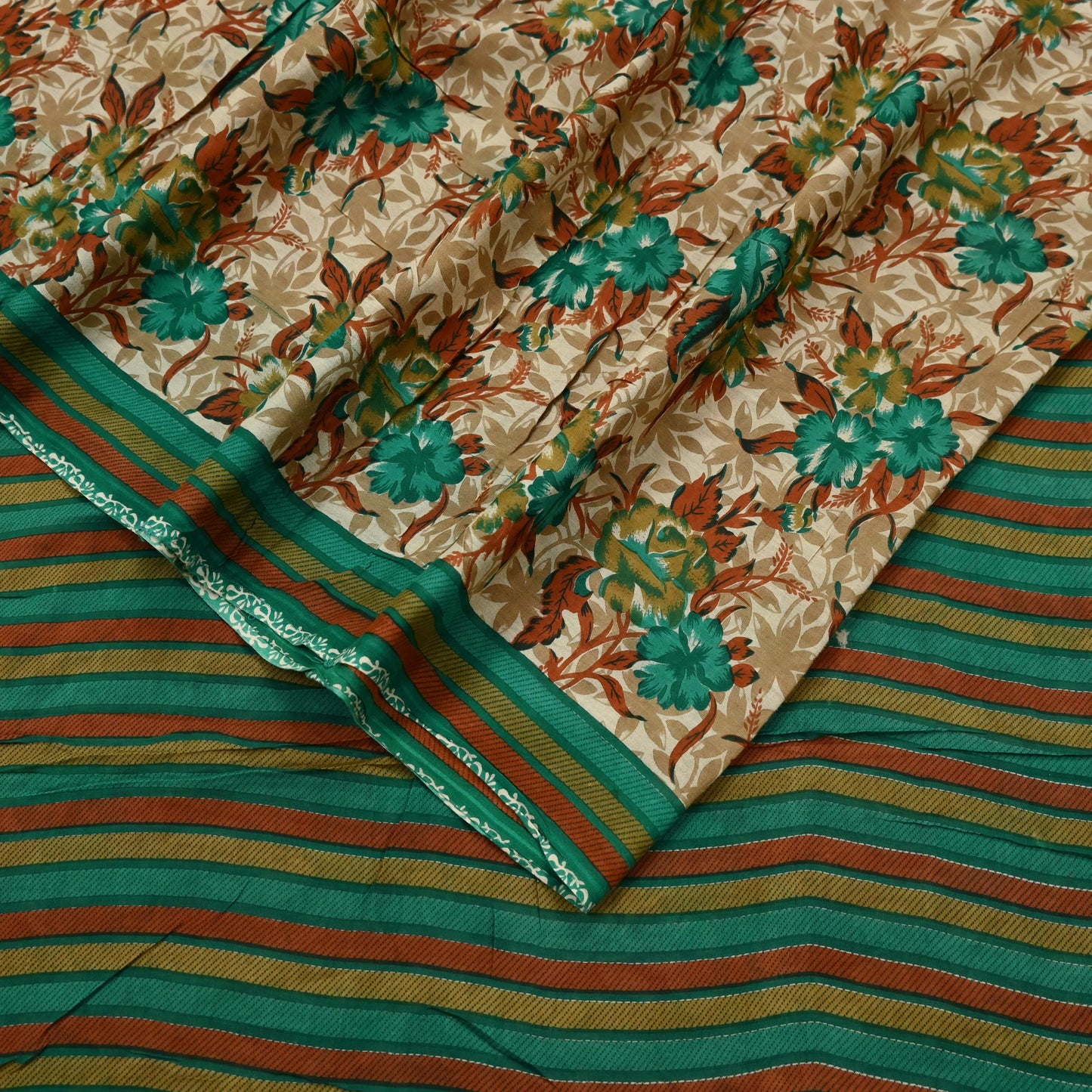 Indian Vintage Sari Beige & Green Pure Cotton Printed Sarees Craft Fabric Soft 5Yd Sarong Wrap Boho Fabric Kimono Quilting Crafting Upcycle