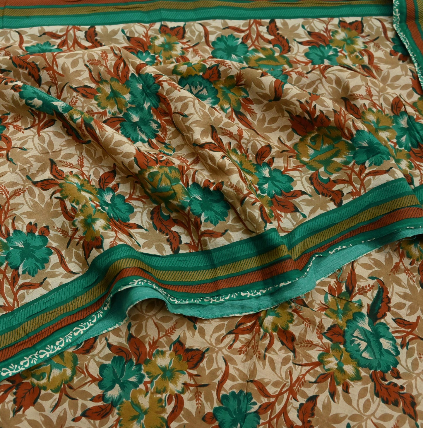 Indian Vintage Sari Beige & Green Pure Cotton Printed Sarees Craft Fabric Soft 5Yd Sarong Wrap Boho Fabric Kimono Quilting Crafting Upcycle