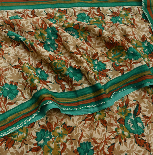 Indian Vintage Sari Beige & Green Pure Cotton Printed Sarees Craft Fabric Soft 5Yd Sarong Wrap Boho Fabric Kimono Quilting Crafting Upcycle