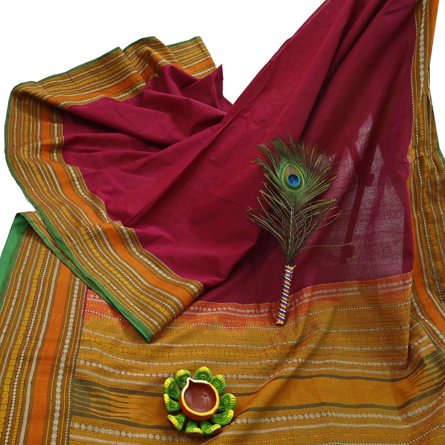 Indian Vintage Sari Red & Green Pure Cotton Hand Woven Baluchari Saree 5yd Craft Fabric Ethnic Dress making Crafting Quilting