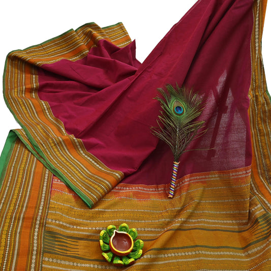 Indian Vintage Sari Red & Green Pure Cotton Hand Woven Baluchari Saree 5yd Craft Fabric Ethnic Dress making Crafting Quilting