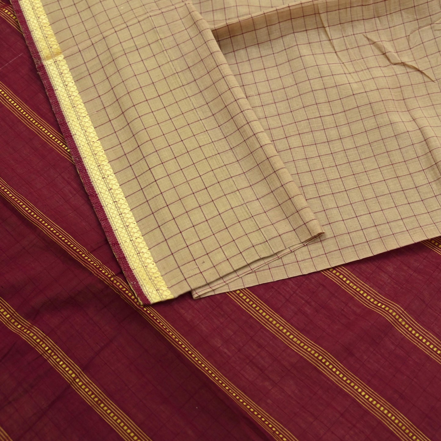 Indian Vintage Sari Maroon & Beige Pure Cotton Hand Woven 6Yd Sarees Soft Floral Ethnic Craft Fabric Sewing Dress making Crafting Quilting