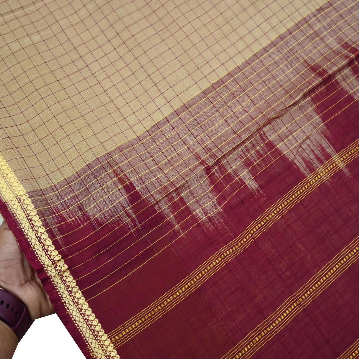 Indian Vintage Sari Maroon & Beige Pure Cotton Hand Woven 6Yd Sarees Soft Floral Ethnic Craft Fabric Sewing Dress making Crafting Quilting