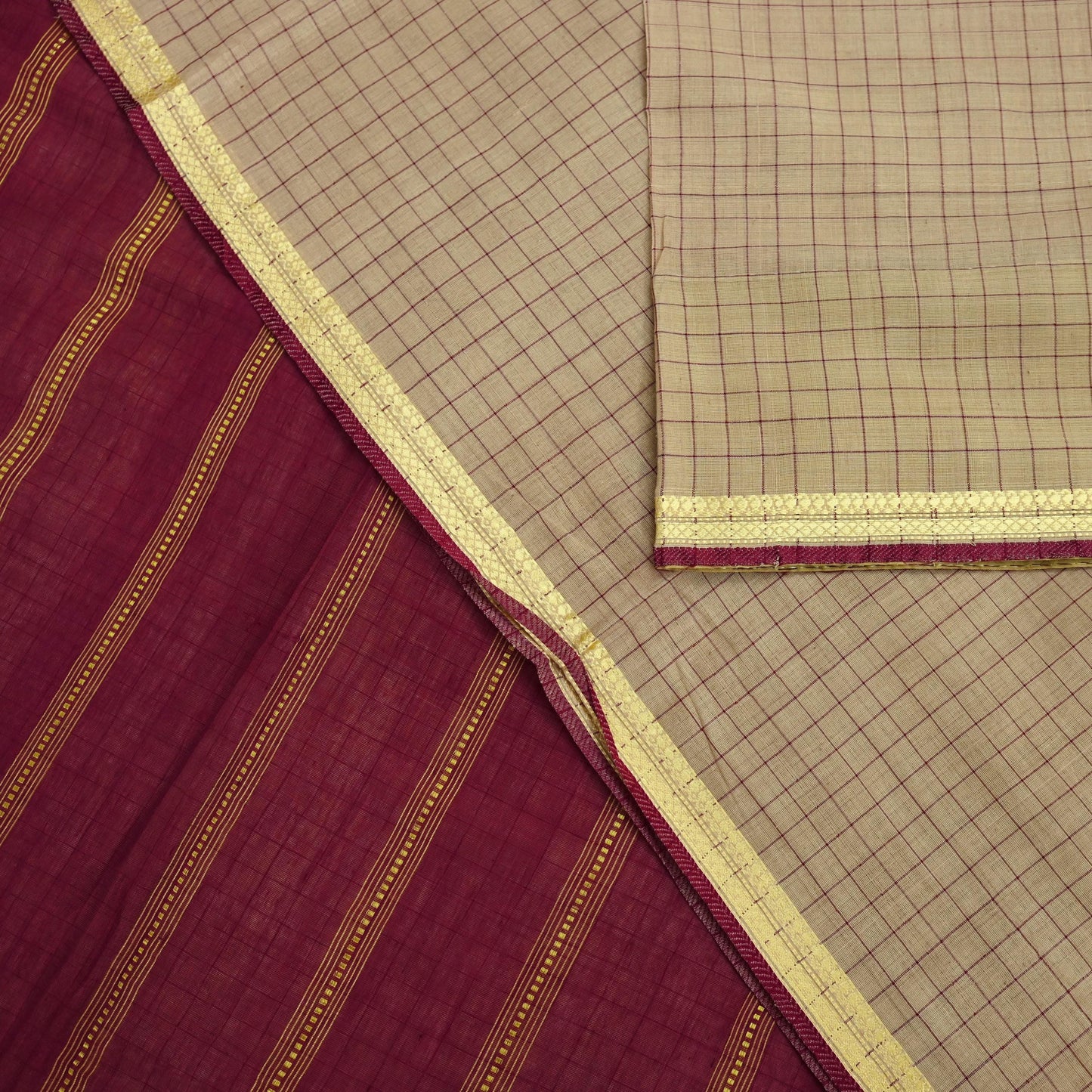 Indian Vintage Sari Maroon & Beige Pure Cotton Hand Woven 6Yd Sarees Soft Floral Ethnic Craft Fabric Sewing Dress making Crafting Quilting