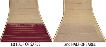 Indian Vintage Sari Maroon & Beige Pure Cotton Hand Woven 6Yd Sarees Soft Floral Ethnic Craft Fabric Sewing Dress making Crafting Quilting
