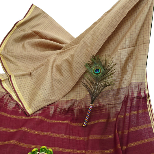Indian Vintage Sari Maroon & Beige Pure Cotton Hand Woven 6Yd Sarees Soft Floral Ethnic Craft Fabric Sewing Dress making Crafting Quilting