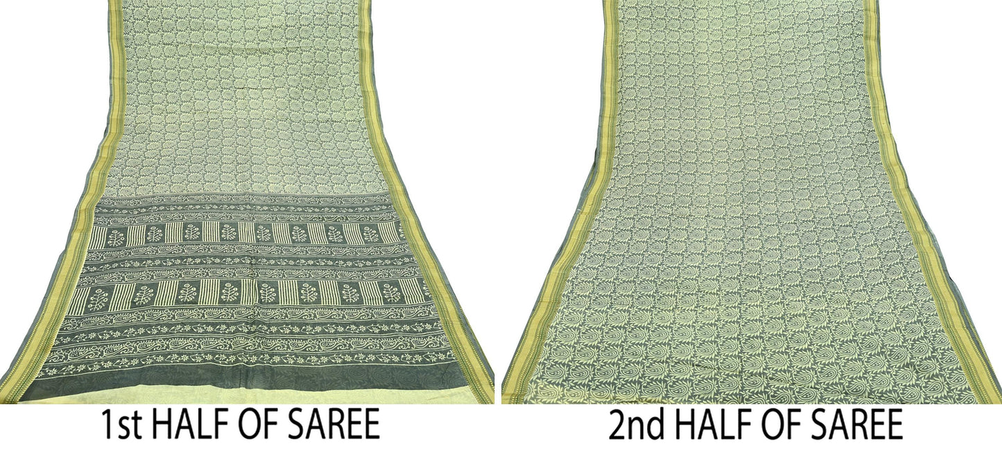 Indian Vintage Sari Hand Block Printed 100% Pure Cotton Sarees Craft Fabric 5Yd Paisley Design Upcycle Quilting Crafting