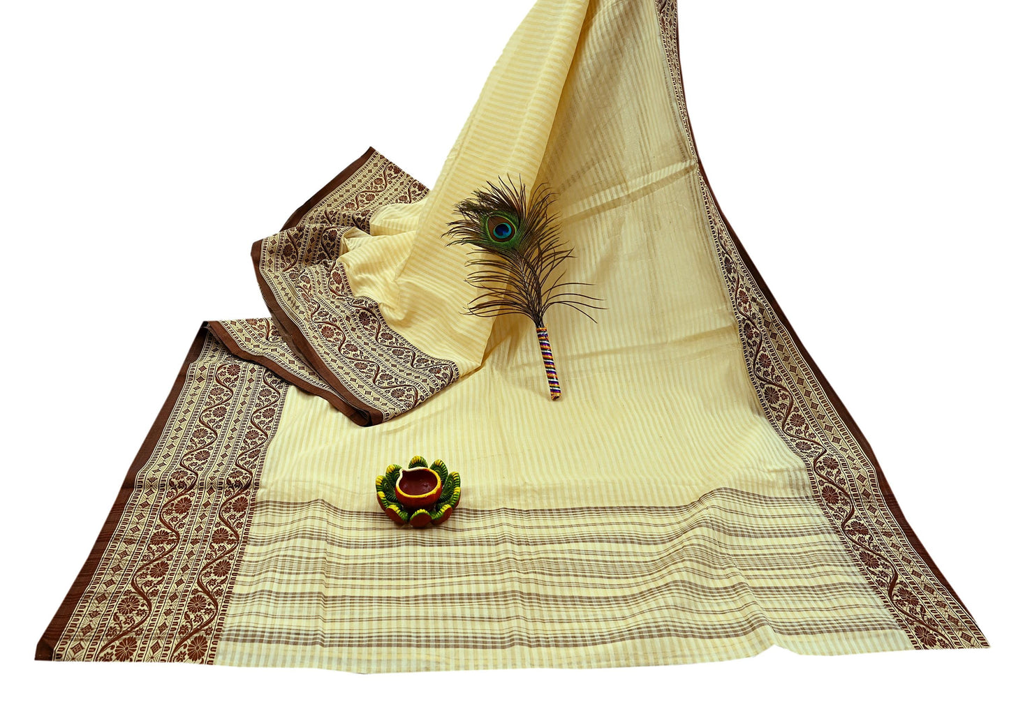 Indian Vintage Sari Brown & Beige Pure Cotton Hand Woven 5Yd Sarees Soft Floral Ethnic Craft Fabric Sewing Dress making Crafting Quilting