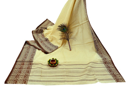 Indian Vintage Sari Brown & Beige Pure Cotton Hand Woven 5Yd Sarees Soft Floral Ethnic Craft Fabric Sewing Dress making Crafting Quilting
