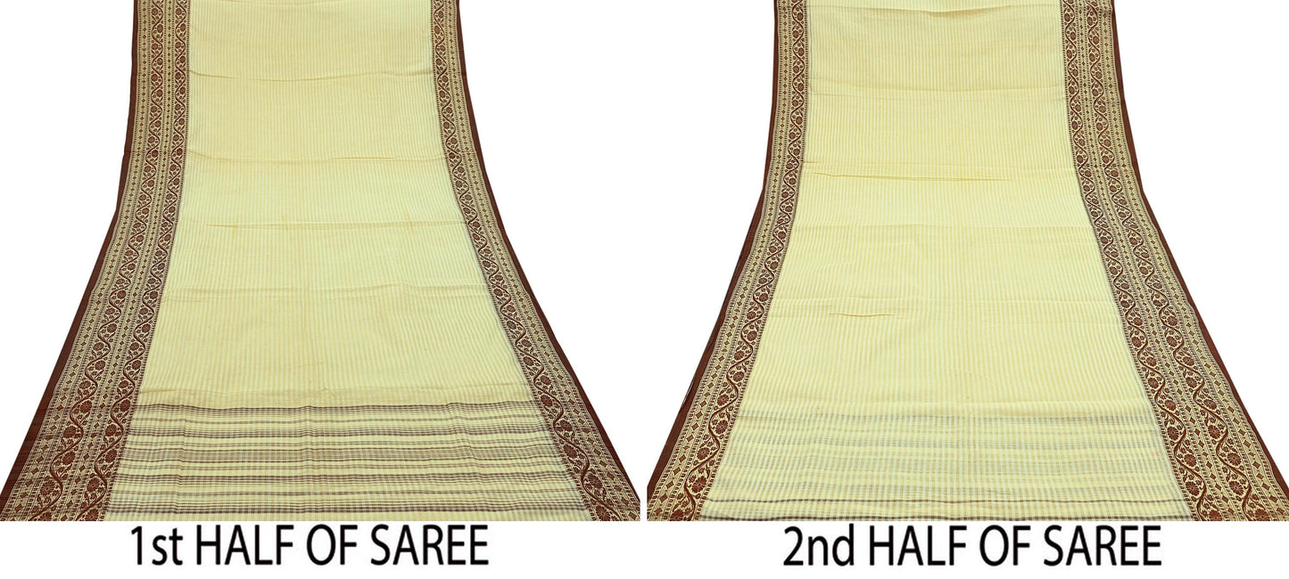 Indian Vintage Sari Brown & Beige Pure Cotton Hand Woven 5Yd Sarees Soft Floral Ethnic Craft Fabric Sewing Dress making Crafting Quilting
