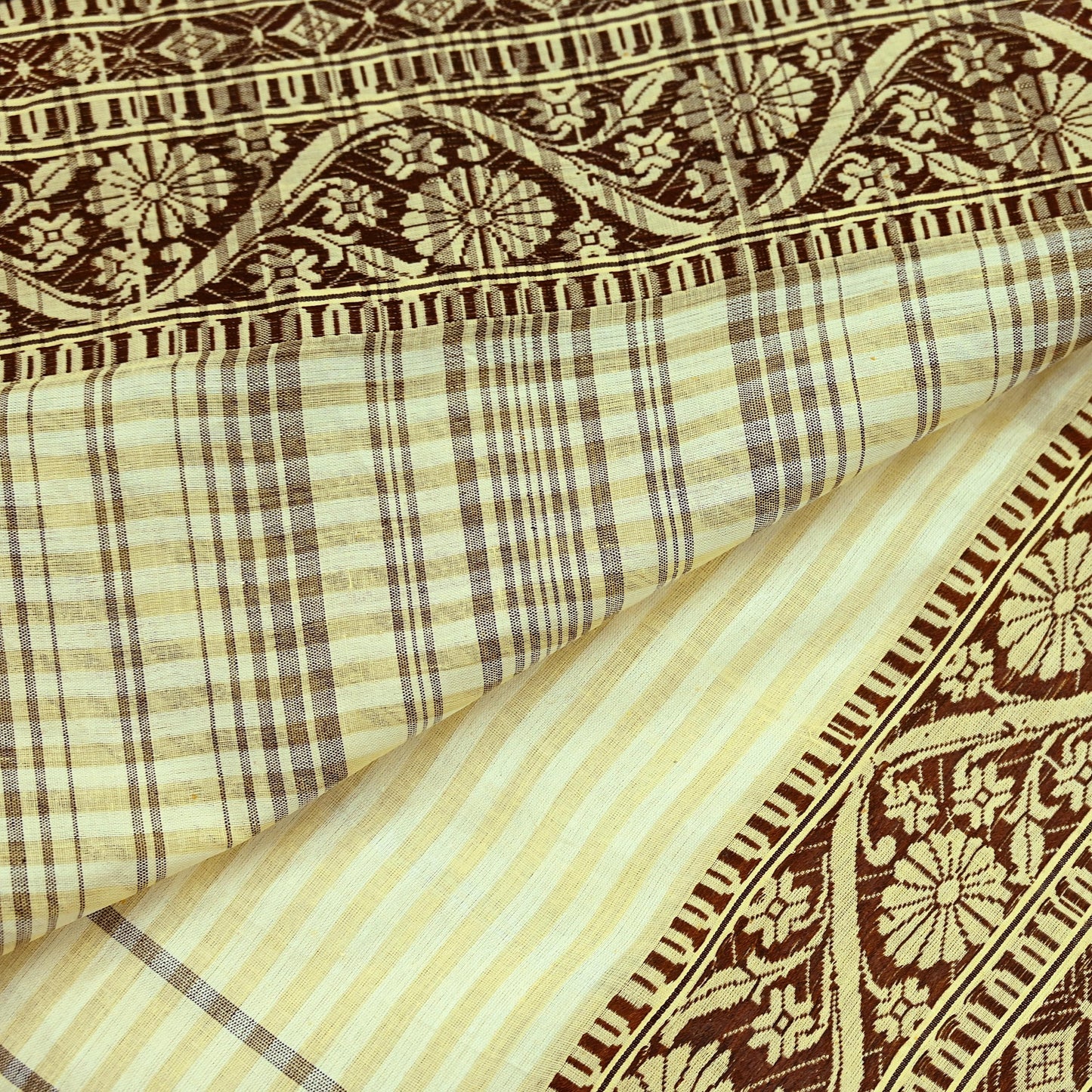 Indian Vintage Sari Brown & Beige Pure Cotton Hand Woven 5Yd Sarees Soft Floral Ethnic Craft Fabric Sewing Dress making Crafting Quilting