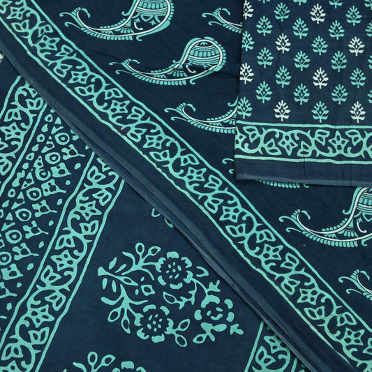 Indian Vintage Sari Blue Block Printed Pure Cotton Sarees 5Yd Craft Fabric Soft Sewing Sarong Wrap Boho Upcycle quilting Dress making