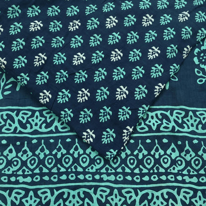 Indian Vintage Sari Blue Block Printed Pure Cotton Sarees 5Yd Craft Fabric Soft Sewing Sarong Wrap Boho Upcycle quilting Dress making