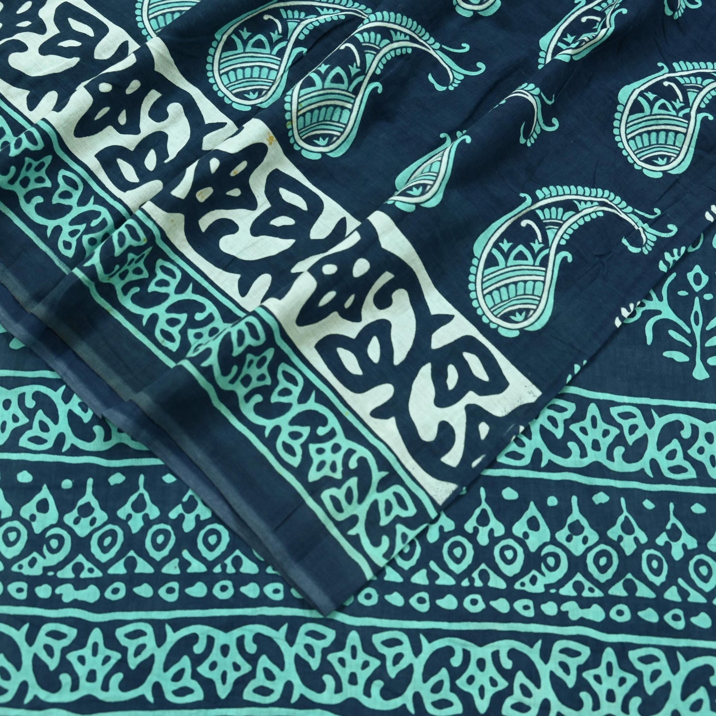 Indian Vintage Sari Blue Block Printed Pure Cotton Sarees 5Yd Craft Fabric Soft Sewing Sarong Wrap Boho Upcycle quilting Dress making