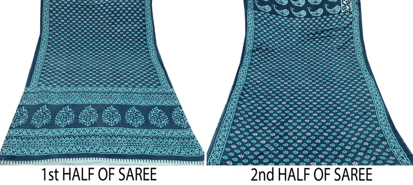 Indian Vintage Sari Blue Block Printed Pure Cotton Sarees 5Yd Craft Fabric Soft Sewing Sarong Wrap Boho Upcycle quilting Dress making