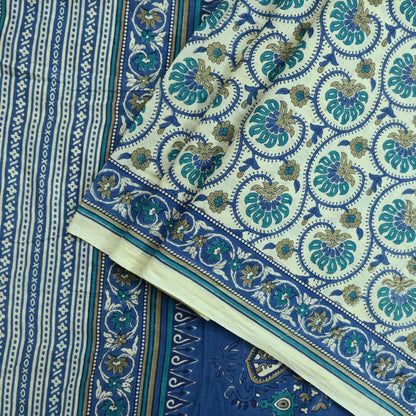 Indian Vintage Sari Blue & Ivory Block Printed Pure Cotton Sarees 5Yd Craft Fabric Sewing Sarong Wrap Boho Upcycle quilting Dress making
