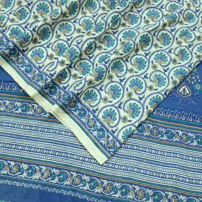 Indian Vintage Sari Blue & Ivory Block Printed Pure Cotton Sarees 5Yd Craft Fabric Sewing Sarong Wrap Boho Upcycle quilting Dress making