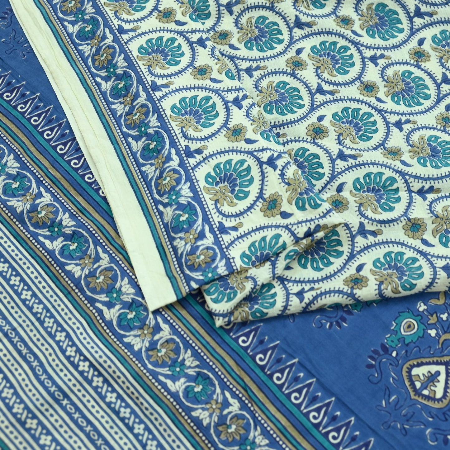Indian Vintage Sari Blue & Ivory Block Printed Pure Cotton Sarees 5Yd Craft Fabric Sewing Sarong Wrap Boho Upcycle quilting Dress making