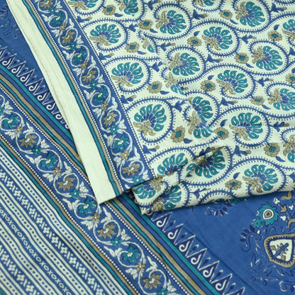 Indian Vintage Sari Blue & Ivory Block Printed Pure Cotton Sarees 5Yd Craft Fabric Sewing Sarong Wrap Boho Upcycle quilting Dress making