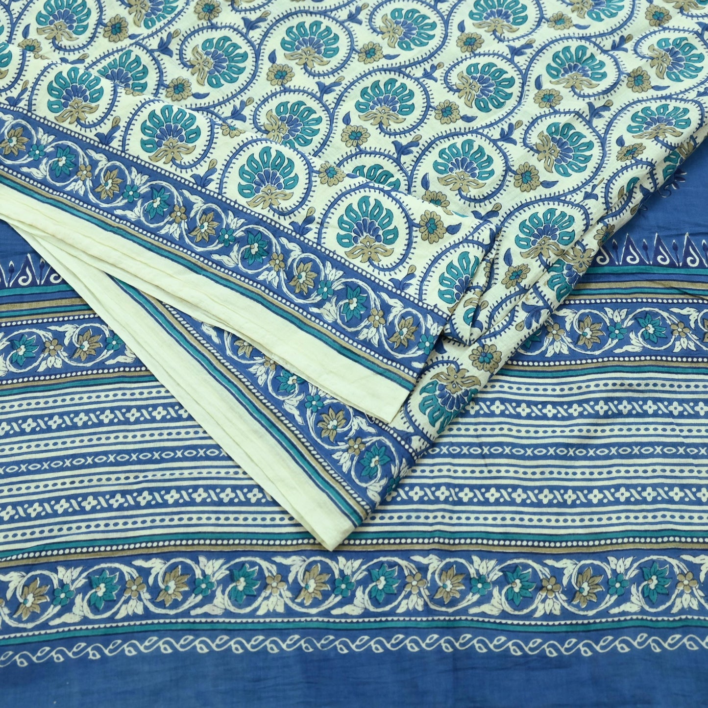 Indian Vintage Sari Blue & Ivory Block Printed Pure Cotton Sarees 5Yd Craft Fabric Sewing Sarong Wrap Boho Upcycle quilting Dress making