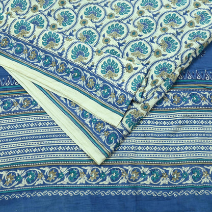 Indian Vintage Sari Blue & Ivory Block Printed Pure Cotton Sarees 5Yd Craft Fabric Sewing Sarong Wrap Boho Upcycle quilting Dress making