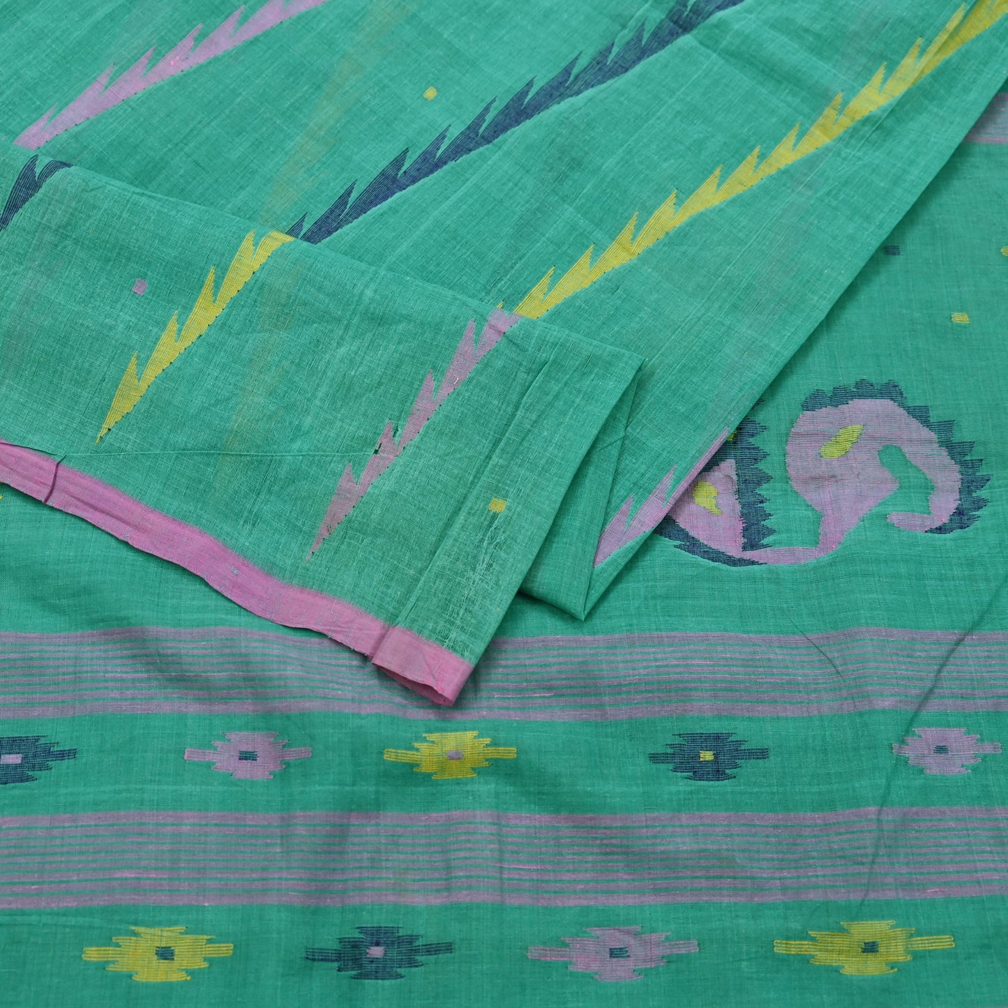Indian Vintage Sari Green Pure Cotton Bengali Handloom Tant Sarees Craft Fabric 5Yd Sewing Soft Crafting Dress making Upcycle Quilting