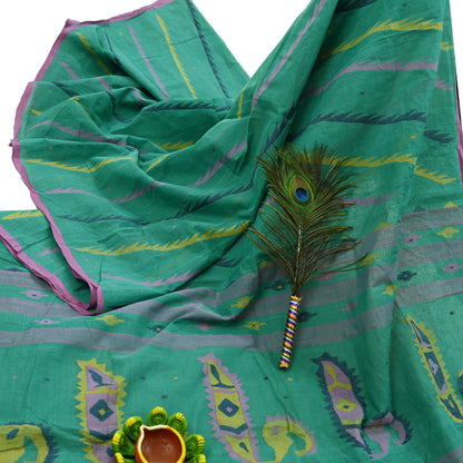 Indian Vintage Sari Green Pure Cotton Bengali Handloom Tant Sarees Craft Fabric 5Yd Sewing Soft Crafting Dress making Upcycle Quilting