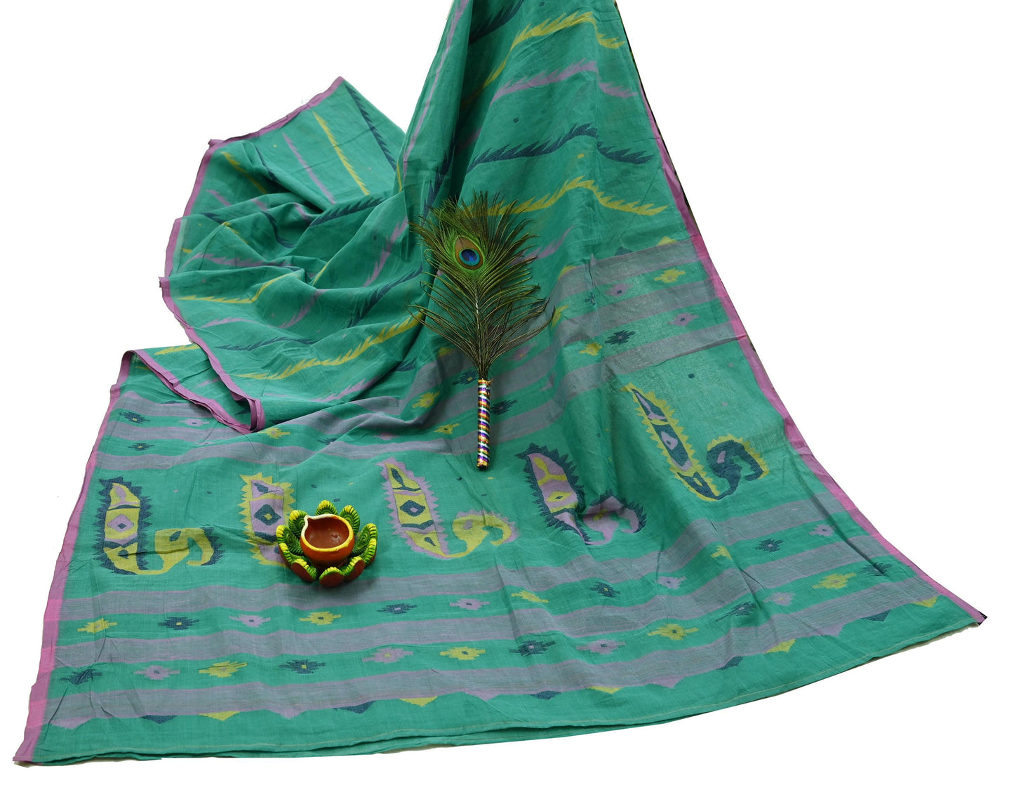 Indian Vintage Sari Green Pure Cotton Bengali Handloom Tant Sarees Craft Fabric 5Yd Sewing Soft Crafting Dress making Upcycle Quilting