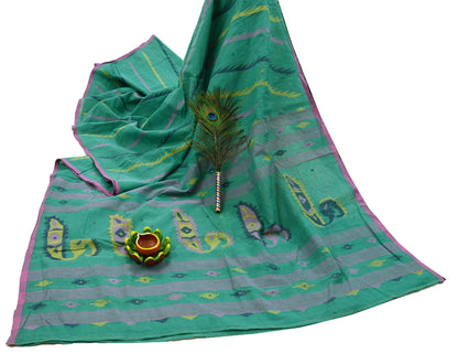 Indian Vintage Sari Green Pure Cotton Bengali Handloom Tant Sarees Craft Fabric 5Yd Sewing Soft Crafting Dress making Upcycle Quilting