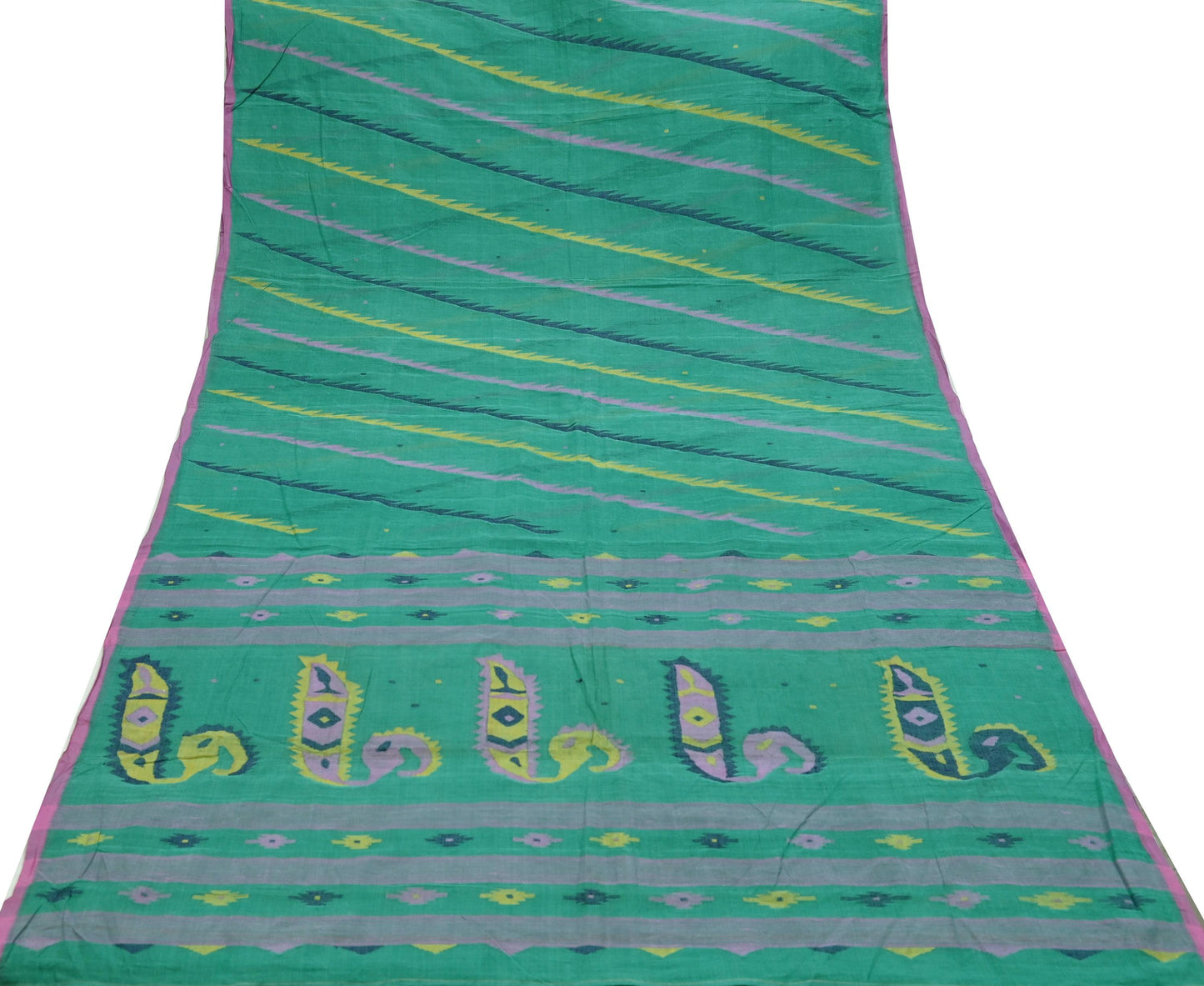 Indian Vintage Sari Green Pure Cotton Bengali Handloom Tant Sarees Craft Fabric 5Yd Sewing Soft Crafting Dress making Upcycle Quilting