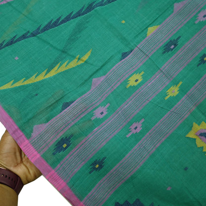 Indian Vintage Sari Green Pure Cotton Bengali Handloom Tant Sarees Craft Fabric 5Yd Sewing Soft Crafting Dress making Upcycle Quilting